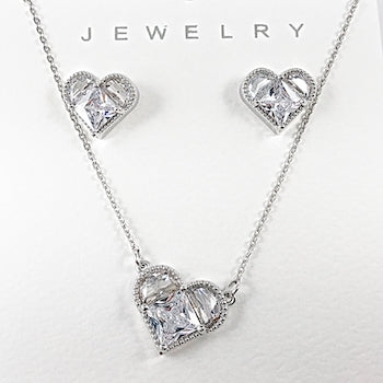 Elegant Mix CZ Setting Delicate Heart Earring Necklace Brass Set