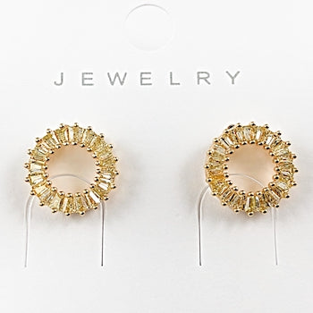 Elegant Round Open Yellow Baguette CZ Stud Brass Earrings