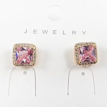 Elegant Square Halo Center Square Pink CZ Stud Brass Earrings