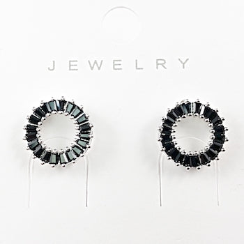 Elegant Round Open Black Baguette CZ Stud Brass Earrings