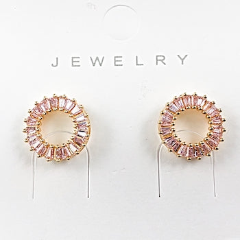 Elegant Round Open Pink Baguette CZ Stud Brass Earrings