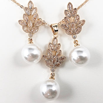 Elegant Triangle Chandelier Shape Dangle Pearl Earring Necklace Gold Tone Brass Set