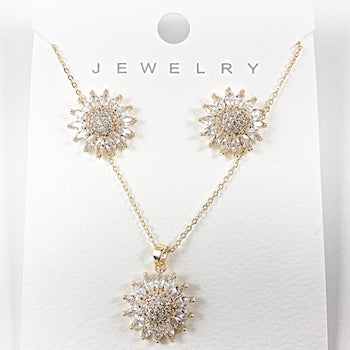 Elegant Micro Setting Sun Gold Tone Brass Earring Necklace Set