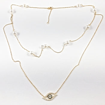 Elegant Multi Layered Pearl CZ Eye Design Gold Tone Silver Necklace