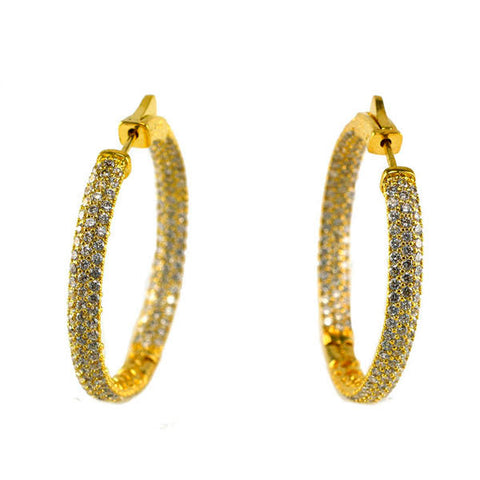 Classic In & Out Micro Pave CZ Gold Tone Brass Hoop Earrings