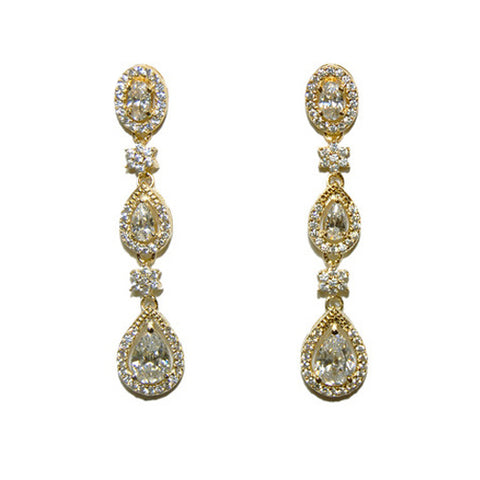 Classic Elegant Fine 3 Row Round & Pear Shape Gold Tone CZ Dangle Brass Earrings