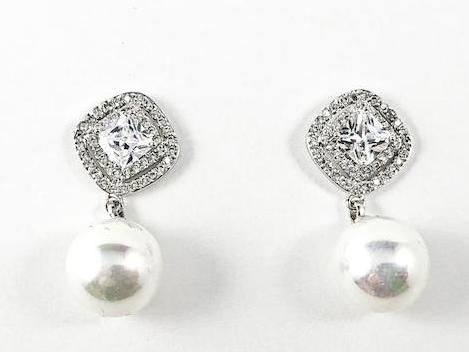 Classic Diamond Shape Layered CZ Pearl Drop Fashion Earrings