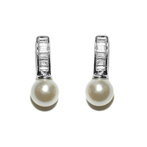 Classic Pearl Drop With Baguette Setting CZ & Latch Back Brass Earrings