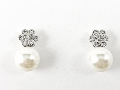 Cute Dainty Floral CZ With Bottom Pearl Brass Earrings