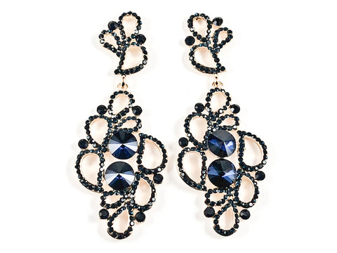 Fancy Floral Dangle Open Pattern Design Dark Sapphire Gold Tone Fashion Earrings