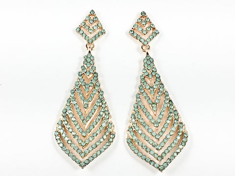 Fancy Layered Triangular  Design Pattern Teal Crystal Gold Tone Dangle Fashion Earrings