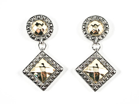 Unique Round & Diamond Shape Textured Gold Tone Shiny Metallic Dangle Brass Earrings