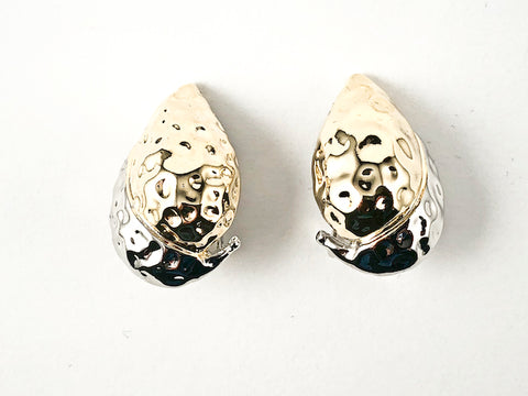 Unique Curved Pear Shape Hammered Design Two Tone Style Clip On Brass Earrings