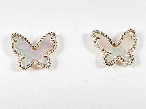 Cute Butterfly Shape Design Center Mother Of Pearl Gold Tone Brass Earrings