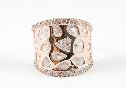 Unique Modern Multi Stone Pattern Rose Gold Brass Ring