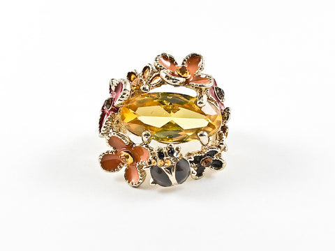 Cute Modern Multi Color Enamel Spring Butterfly Clover Design Brass Ring