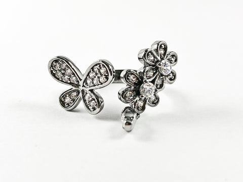 Cute Beautiful Butterfly With Floral Design Duo Style CZ Brass Ring