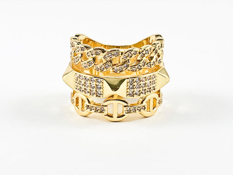 Beautiful Elegant Layered Belt & Chain Design Gold Tone Brass Ring