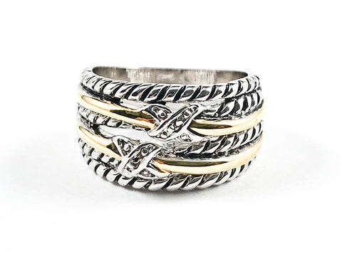 Nice Multi Row Two Tone Wire Texture X Design CZ Brass Ring
