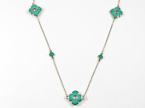 Modern Turquoise Floral Design Post Gold Tone Long Brass Necklace