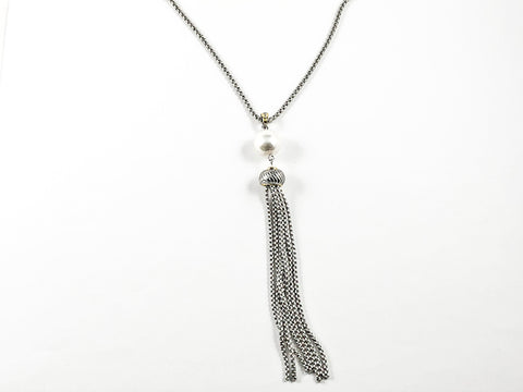 Elegant Long Necklace Design With Center Pearl & Tassel Brass Necklace