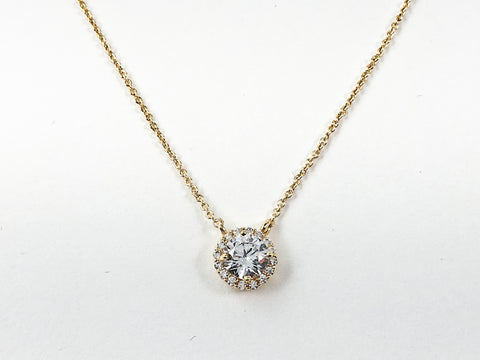 Classic Round Halo Design CZ Pendant Brass Necklace