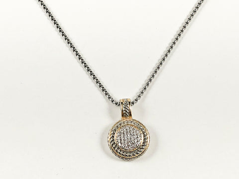 Modern Pave Style CZ Round Disc Two Tone Style Pendant Charm Brass Necklace