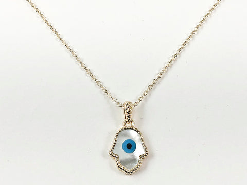 Beautiful Hamsa Hand Evil Eye Mother Of Pearl Gold Tone Brass Necklace