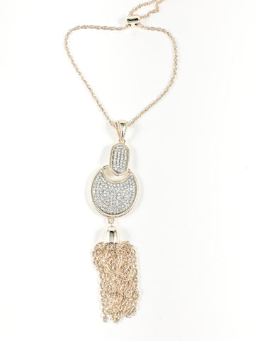 Unique Fancy Micro Crystal Mix Shape Dangle Charm With Tassel Lariat Gold Tone Brass Necklace