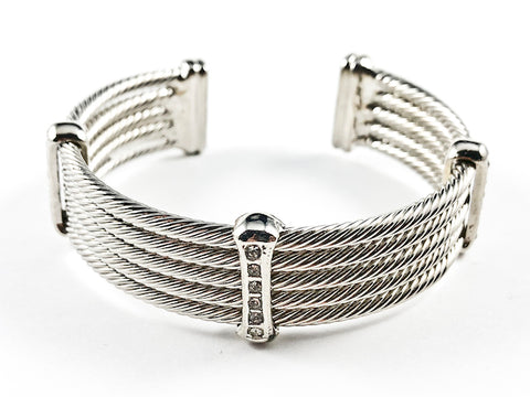 Modern Thick Multi Row Wire Texture Design Band With Micro Thin CZ Bars Silver Tone Brass Cuff Bangle