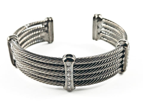 Modern Thick Multi Row Wire Texture Design Band With Micro Thin CZ Bars Black Rhodium Tone Brass Cuff Bangle