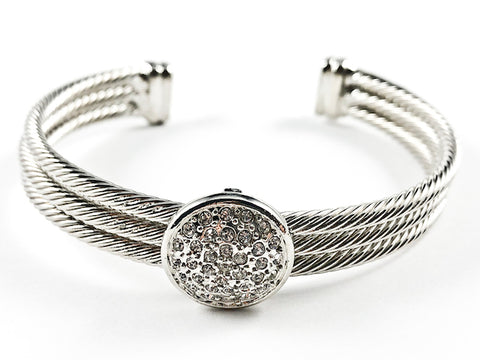 Modern Thick Multi Row Wire Texture Band With Center Round CZ Disc Silver Tone Brass Cuff Bangle
