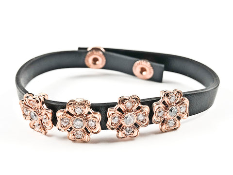 Unique Pink Gold Tone Rose Petal Charm Leather Fashion Bracelet