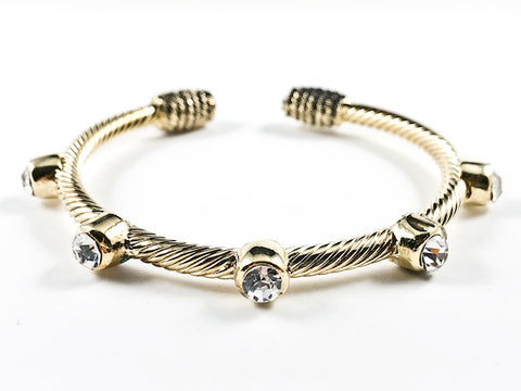 Modern Wire Texture Band With Big Crystal Setting Design Gold Tone Brass Cuff Bangle