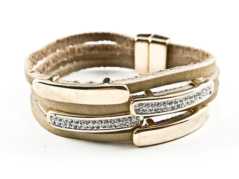 Modern Multi Row & Strand CZ & Shiny Metallic Bars Brown Leather Magnetic Brass Bracelet