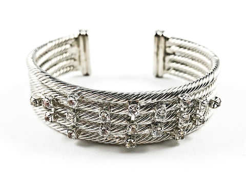 Nice Thick Multi Row Layered Wire Textured Band With Scattered Crystals Brass Cuff Bangle