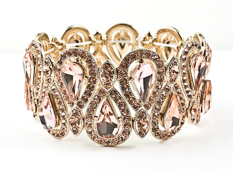 Stylish Fancy Vintage Style Pear Shape Pattern Peach Color Crystals Gold Tone Stretch Fashion Bracelet
