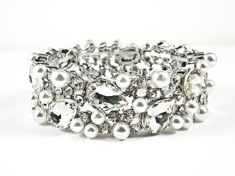 Stylish Thick Mix Large Pearl & Crystal Design Style Stretch Fashion Bracelet