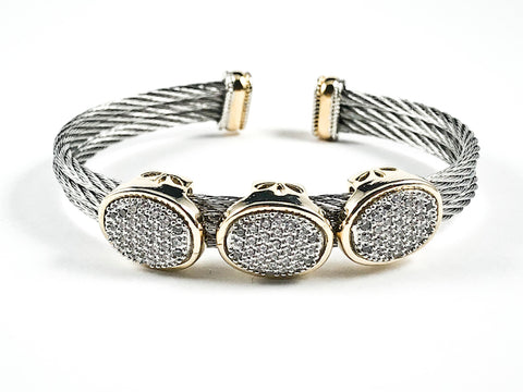 Modern Double Wire Band Design With Triple Oval Shape Pave CZ Two Tone Brass Cuff Bangle
