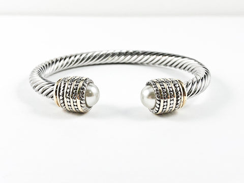Modern Cable Wire Design With Duo Half Round Pearl Stone Ends & Textured Two Tone Plating Frame Brass Cuff Bangle