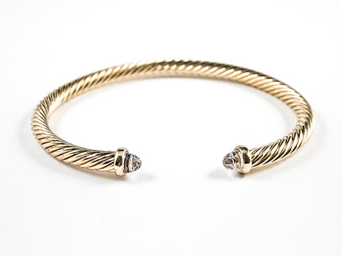 Modern Thin Cable Wire Texture With Dainty Crystal Duo Ends Gold Tone Brass Cuff Bangle