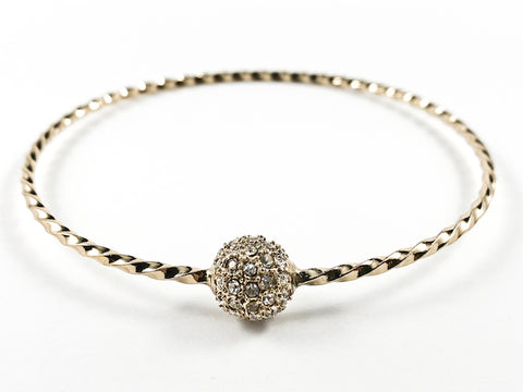 Elegant Textured Thin Shiny Metallic Band With Center Micro Setting Crystal Ball Gold Tone Fashion Bangle