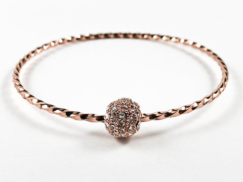 Elegant Textured Thin Shiny Metallic Band With Center Micro Setting Crystal Ball Pink Gold Tone Fashion Bangle