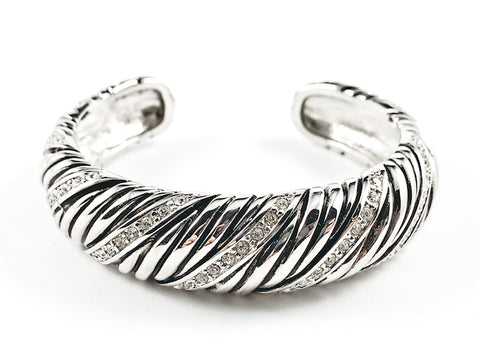 Nice Thick Textured Striped Pattern With CZ Silver Tone Cuff Brass Bangle