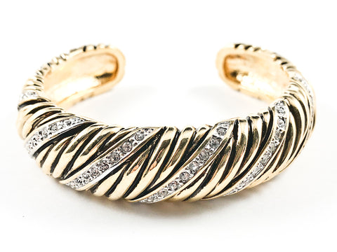 Nice Thick Textured Striped Pattern With CZ Gold Tone Cuff Brass Bangle