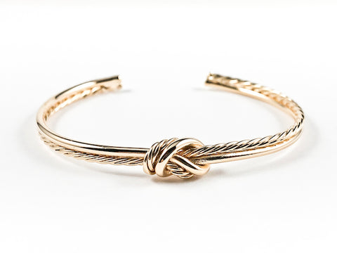 Modern Shiny Metallic & Rope Textured Center Knot Design Gold Tone Brass Cuff Bangle