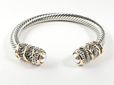 Beautiful Modern Cable Wire Texture With Gold Tone Spiral Frame Duo Pearl Ends Brass Bangle