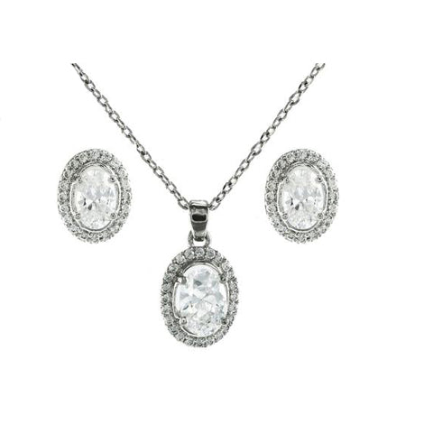 Classic Elegant Oval Shape CZ Earring Necklace Brass Set