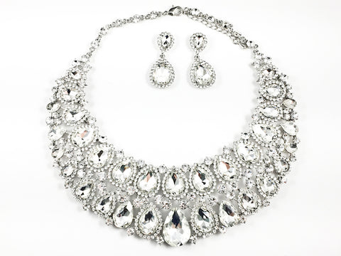 Fancy Layered Crystals Pear Shape Design Style Pattern Earring Necklace Set