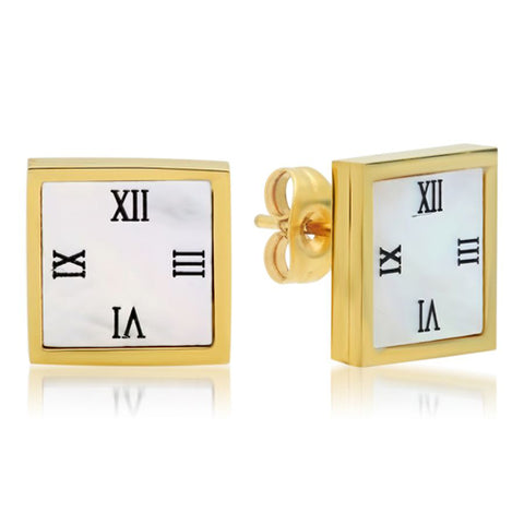 Modern Square Roman Numeral Classic Design Stud Steel Earrings